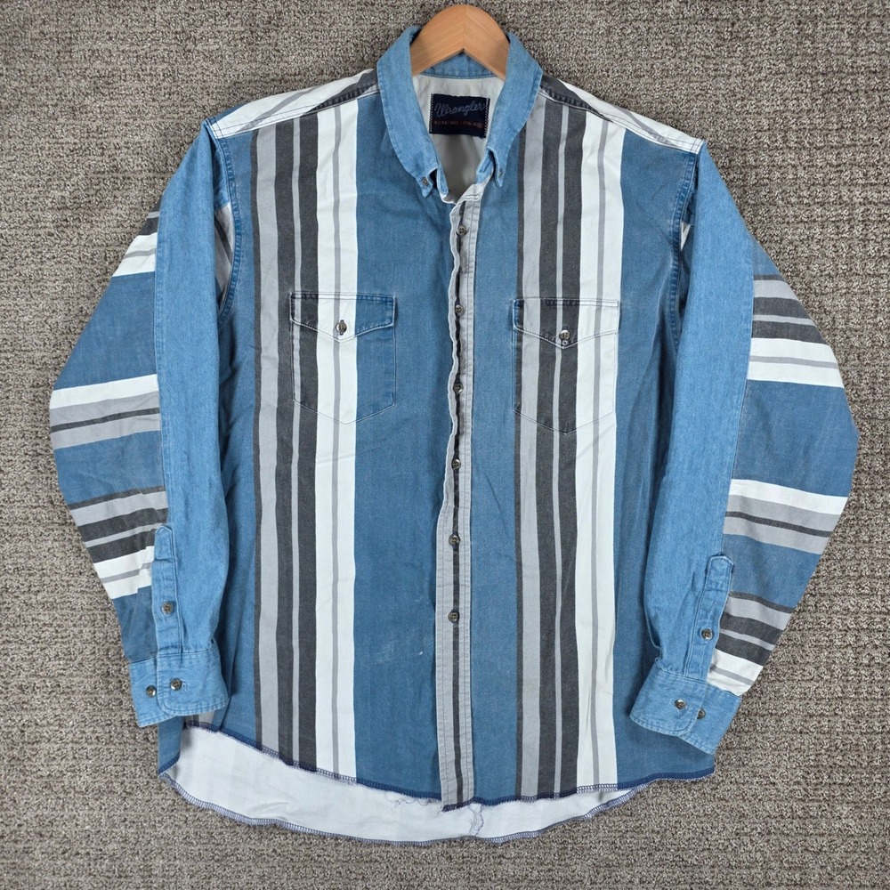 Vintage Wrangler Brushpopper Western Shirt Mens XL Blue Gray Striped Denim Arms